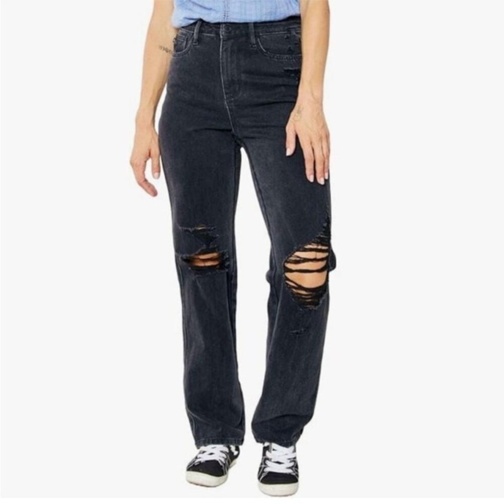 New‎ Judy Blue High Rise Rigid Magic 90s Distressed Straight Jeans Black 88737